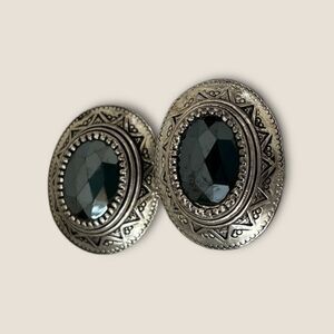 Large silver plated clip on earrings faceted black stone